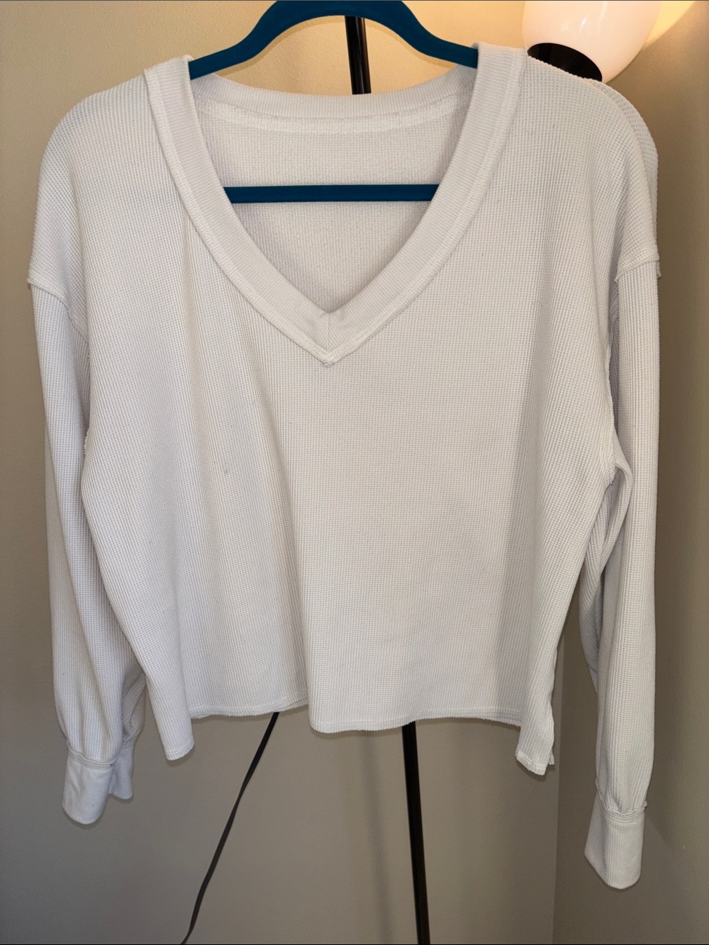 Women's White V-Neck Thermal Long Sleeve Top